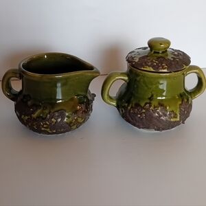 Vintage Laurentian Pottery Green Lava  Ceramic Creamer and Sugar Set